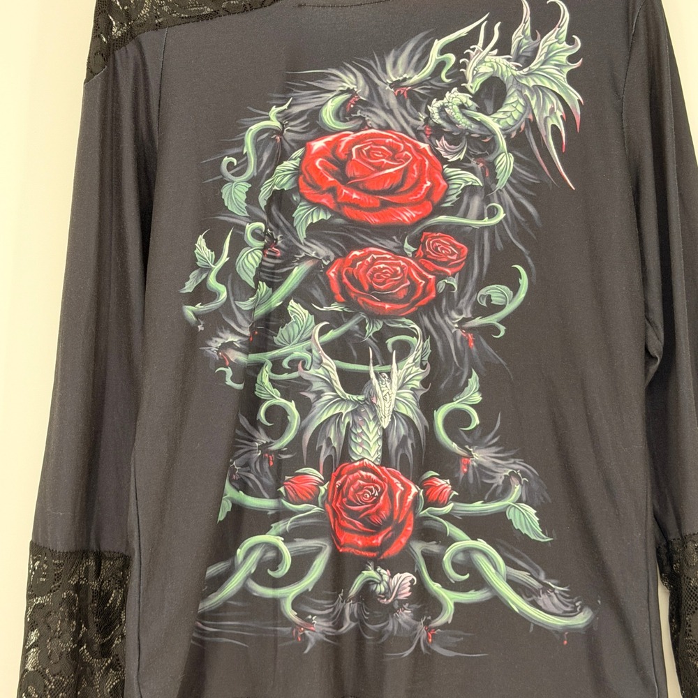 Graphic Top Women Medium Black Lace Dragon Rose Gothic Grunge Emo Whimsigoth Y2K - Picture 4 of 6